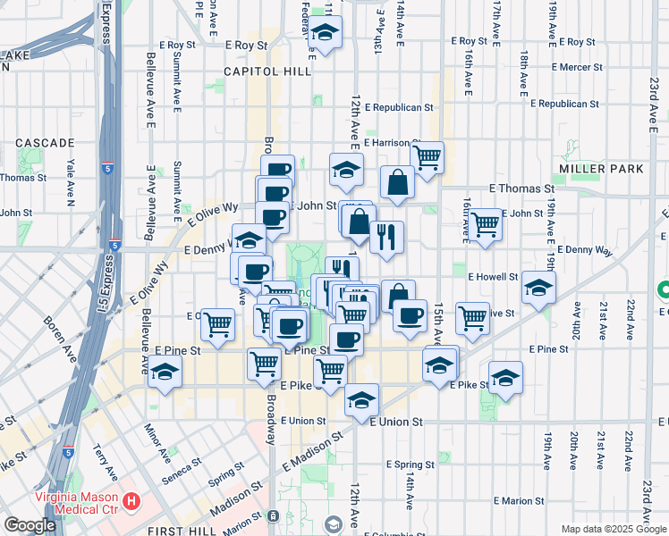 map of restaurants, bars, coffee shops, grocery stores, and more near in Seattle