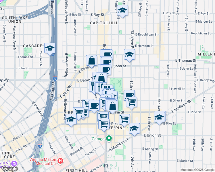 map of restaurants, bars, coffee shops, grocery stores, and more near in Seattle