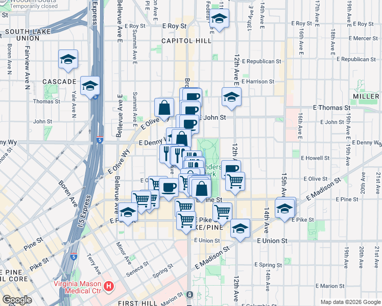 map of restaurants, bars, coffee shops, grocery stores, and more near in Seattle