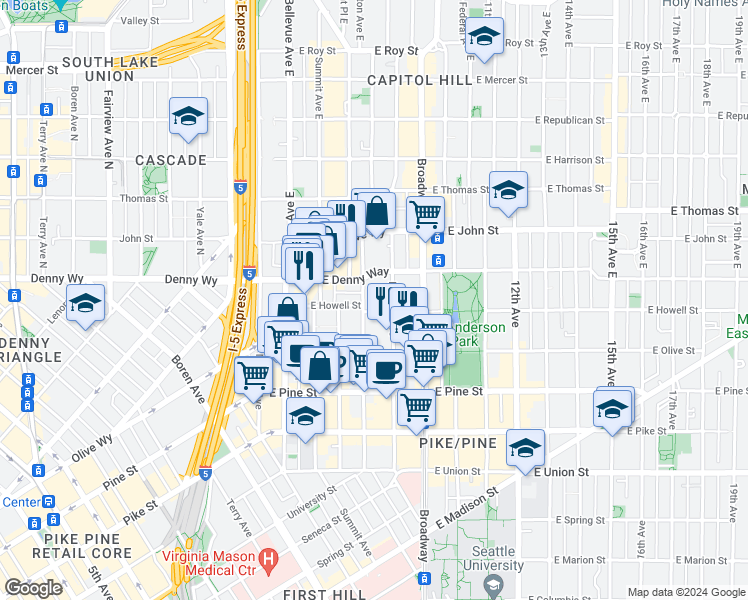 map of restaurants, bars, coffee shops, grocery stores, and more near 1737 Boylston Avenue in Seattle