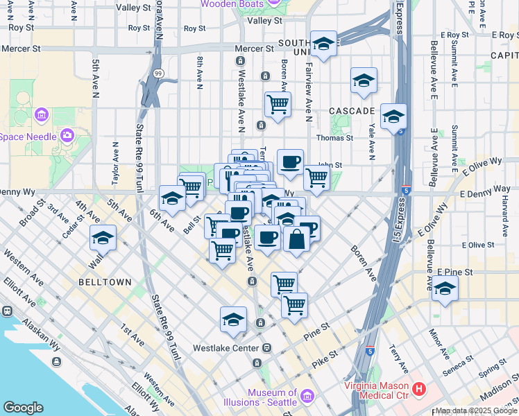 map of restaurants, bars, coffee shops, grocery stores, and more near 900 Lenora Street in Seattle