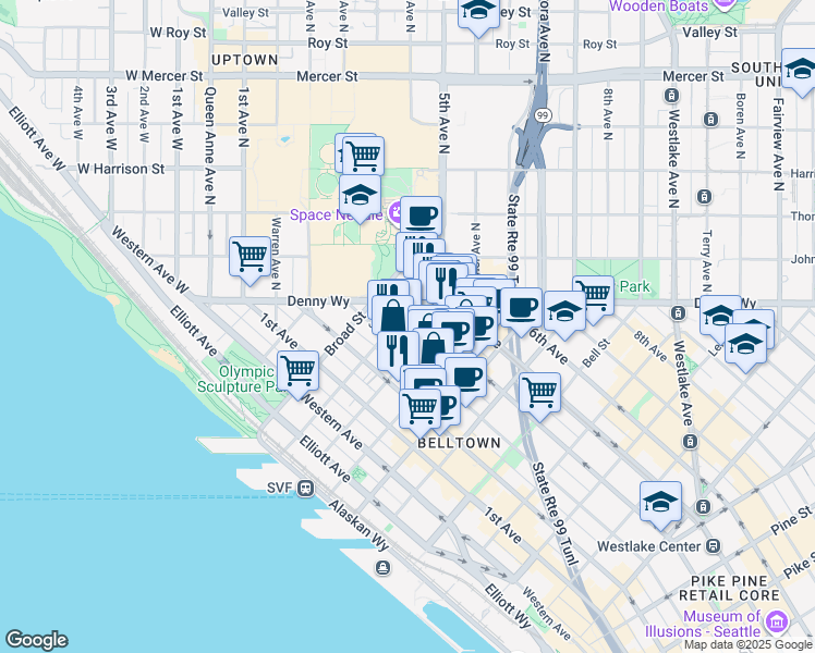 map of restaurants, bars, coffee shops, grocery stores, and more near in Seattle