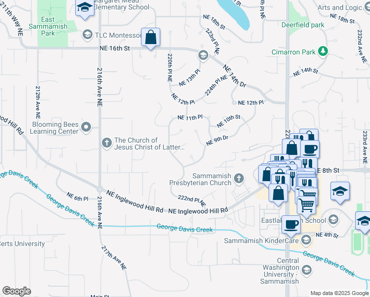 map of restaurants, bars, coffee shops, grocery stores, and more near 909 223rd Court Northeast in Sammamish