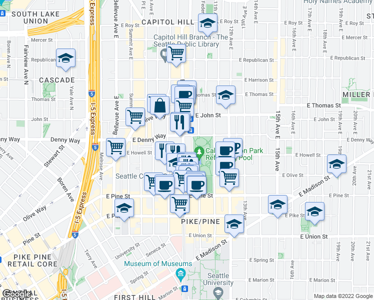 map of restaurants, bars, coffee shops, grocery stores, and more near 1732 Broadway in Seattle