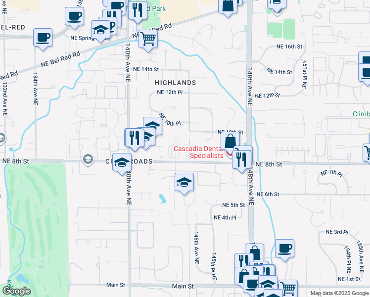 map of restaurants, bars, coffee shops, grocery stores, and more near 901 144th Avenue Northeast in Bellevue