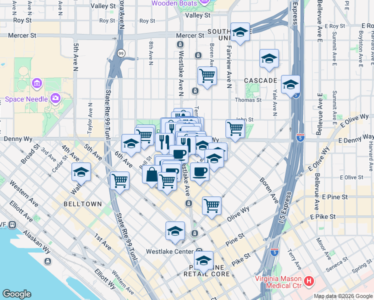 map of restaurants, bars, coffee shops, grocery stores, and more near 2202 Westlake Avenue North in Seattle