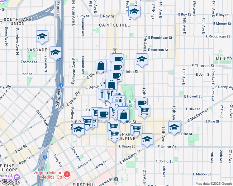 map of restaurants, bars, coffee shops, grocery stores, and more near 1732 Broadway in Seattle