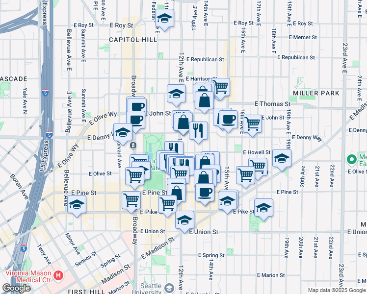 map of restaurants, bars, coffee shops, grocery stores, and more near 1731 13th Avenue in Seattle