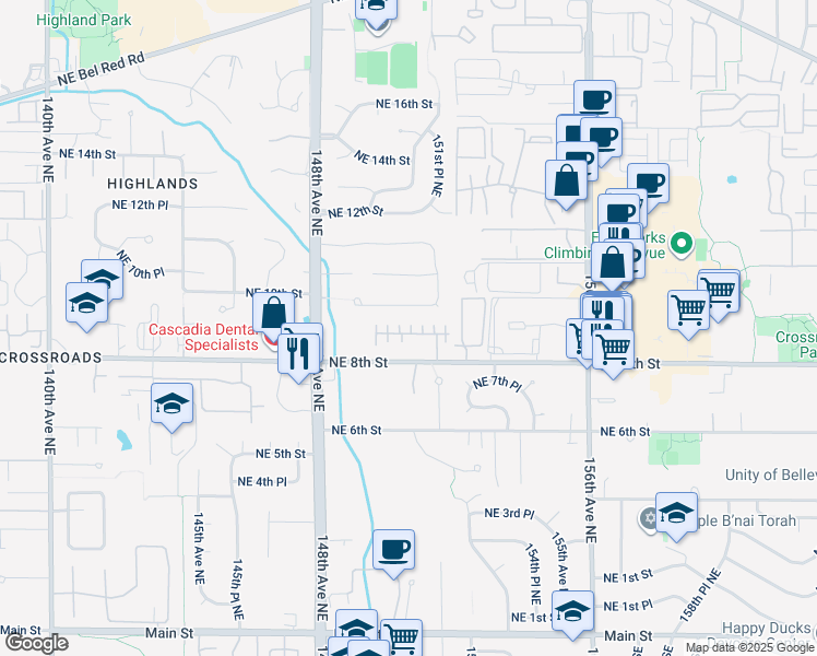 map of restaurants, bars, coffee shops, grocery stores, and more near 15050 Northeast 8th Place in Bellevue