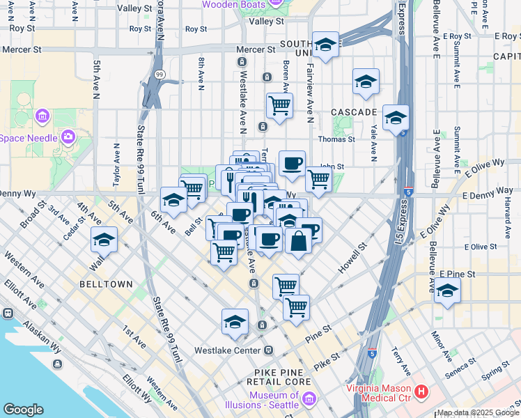 map of restaurants, bars, coffee shops, grocery stores, and more near 900 Lenora Street in Seattle