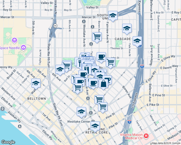 map of restaurants, bars, coffee shops, grocery stores, and more near 900 Lenora Street in Seattle
