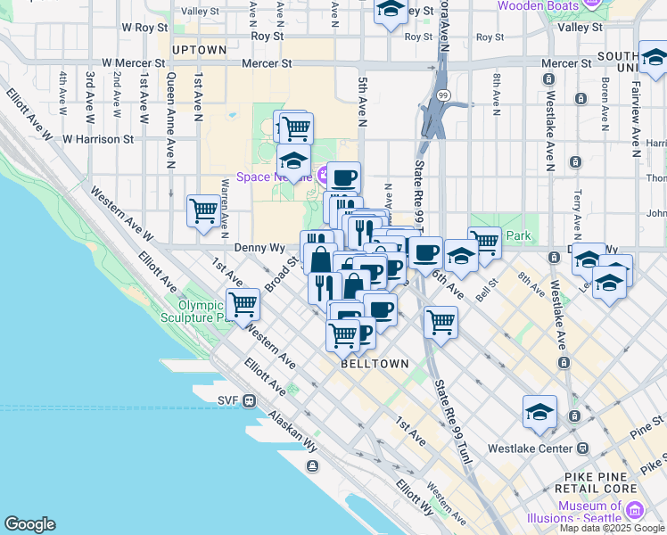 map of restaurants, bars, coffee shops, grocery stores, and more near in Seattle