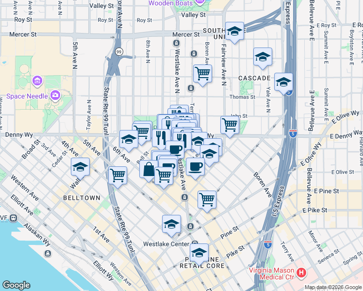map of restaurants, bars, coffee shops, grocery stores, and more near 2202 Westlake Avenue in Seattle