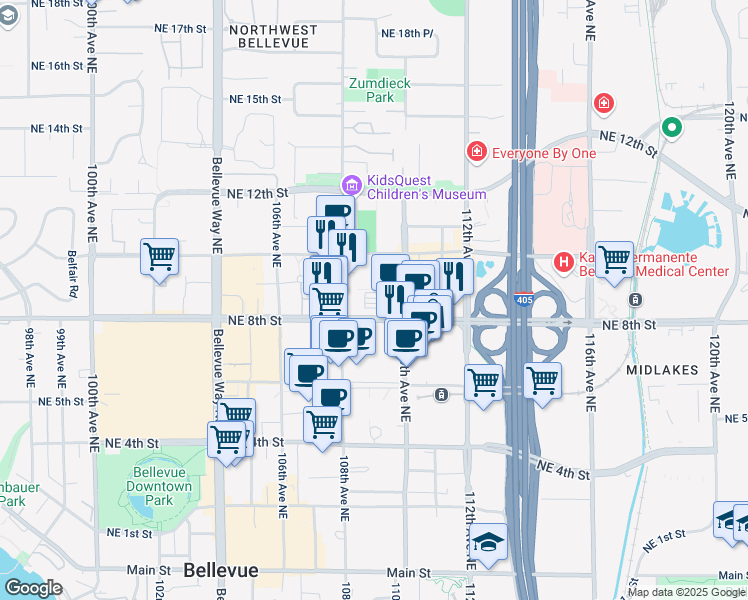 map of restaurants, bars, coffee shops, grocery stores, and more near 10900 Northeast 9th Street in Bellevue