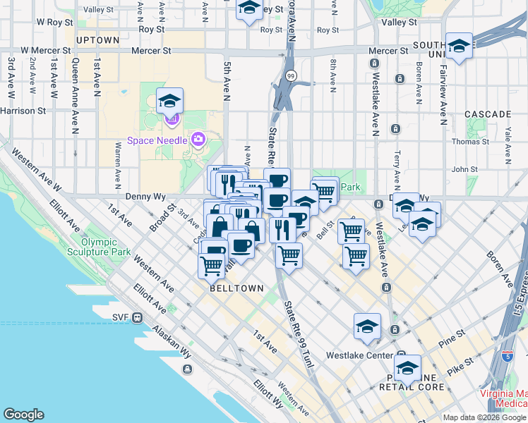 map of restaurants, bars, coffee shops, grocery stores, and more near 500 Wall Street in Seattle
