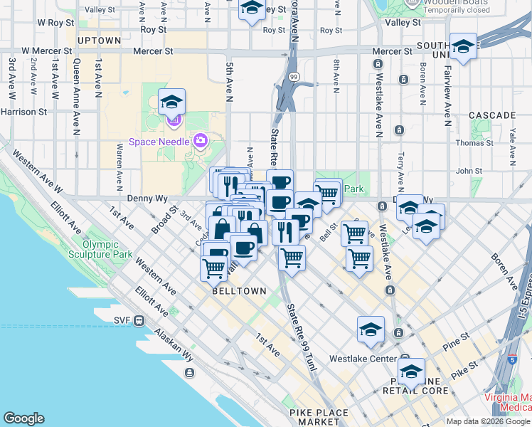 map of restaurants, bars, coffee shops, grocery stores, and more near 2517 5th Avenue in Seattle