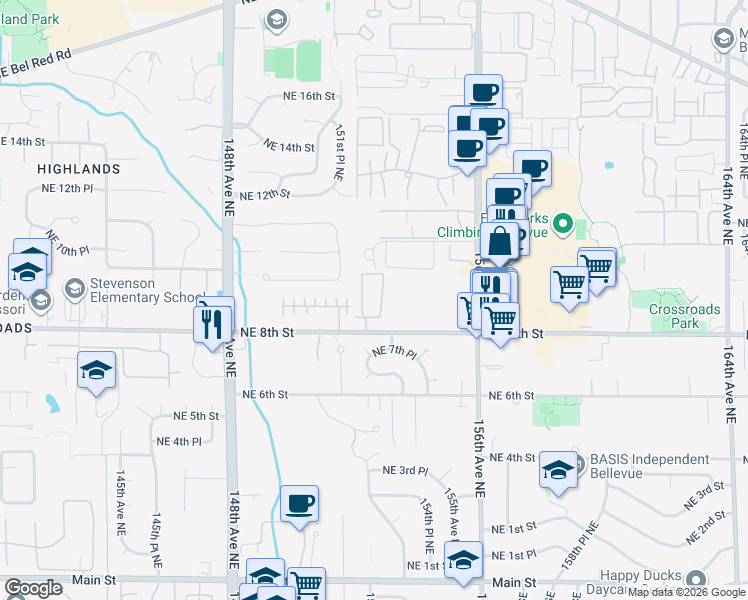 map of restaurants, bars, coffee shops, grocery stores, and more near 15214 Northeast 8th Street in Bellevue