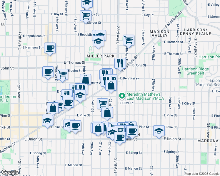 map of restaurants, bars, coffee shops, grocery stores, and more near 1715 22nd Avenue in Seattle