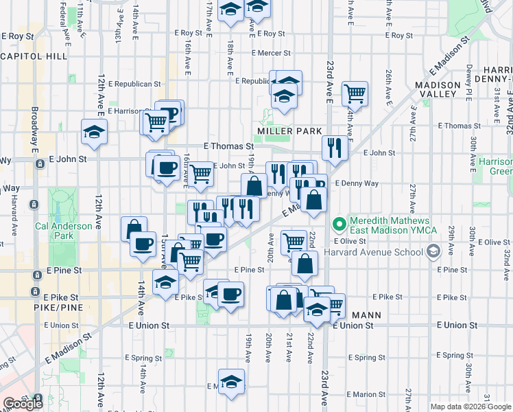 map of restaurants, bars, coffee shops, grocery stores, and more near 1724 19th Avenue in Seattle