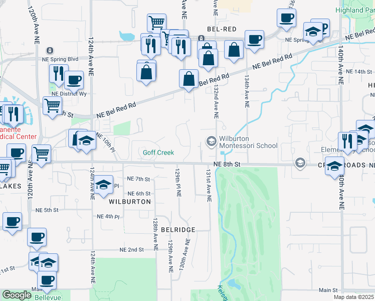 map of restaurants, bars, coffee shops, grocery stores, and more near 12854 Northeast 8th Street in Bellevue