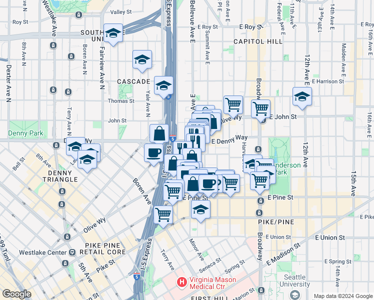 map of restaurants, bars, coffee shops, grocery stores, and more near in Seattle