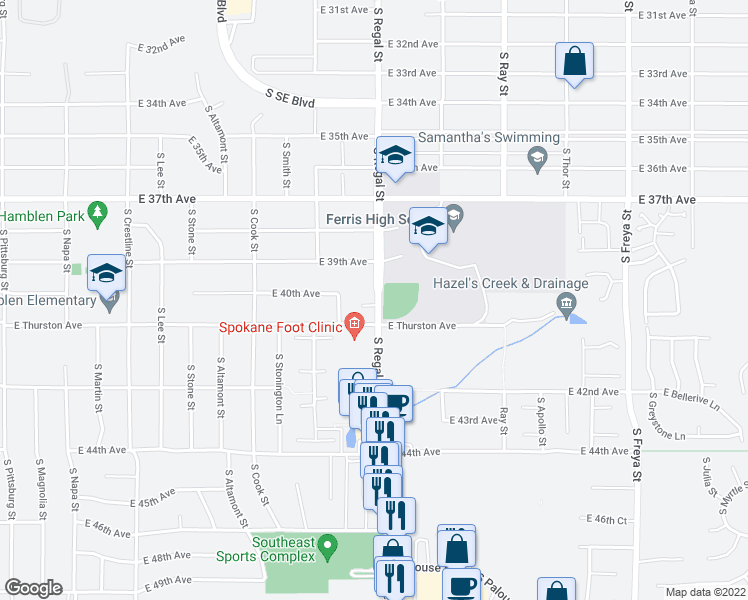 map of restaurants, bars, coffee shops, grocery stores, and more near 4022 South Regal Street in Spokane