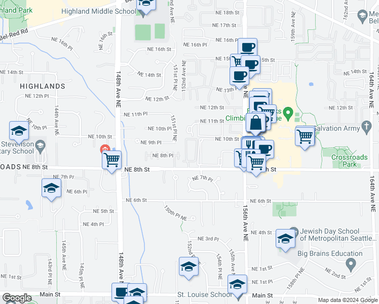 map of restaurants, bars, coffee shops, grocery stores, and more near 15204 Northeast 8th Street in Bellevue