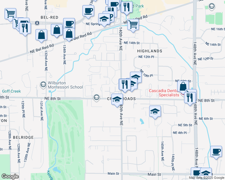map of restaurants, bars, coffee shops, grocery stores, and more near 13863 Northeast 8th Street in Bellevue