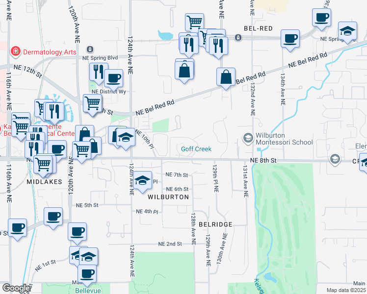map of restaurants, bars, coffee shops, grocery stores, and more near 728 126th Avenue Northeast in Bellevue