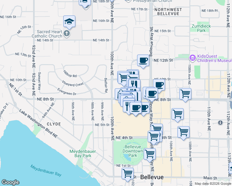 map of restaurants, bars, coffee shops, grocery stores, and more near 10058 Northeast 8th Street in Bellevue