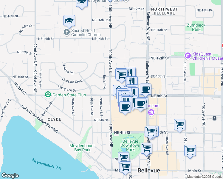 map of restaurants, bars, coffee shops, grocery stores, and more near 10058 Northeast 8th Street in Bellevue