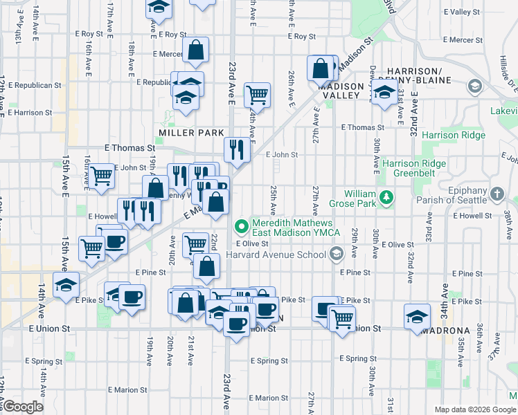 map of restaurants, bars, coffee shops, grocery stores, and more near 2401 East Howell Street in Seattle