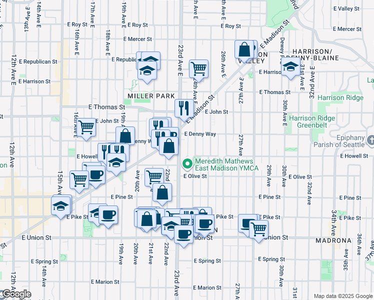 map of restaurants, bars, coffee shops, grocery stores, and more near 1740 23rd Avenue in Seattle
