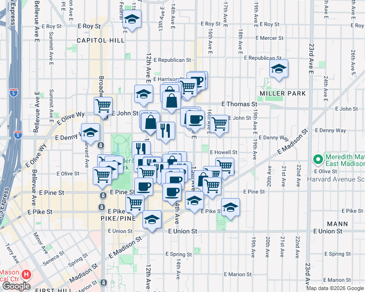 map of restaurants, bars, coffee shops, grocery stores, and more near 1327 East Howell Street in Seattle