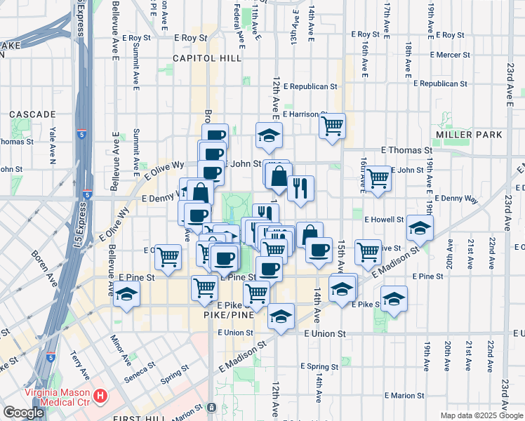 map of restaurants, bars, coffee shops, grocery stores, and more near in Seattle