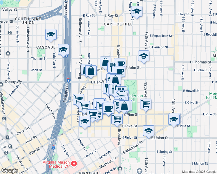 map of restaurants, bars, coffee shops, grocery stores, and more near 1701 Broadway in Seattle