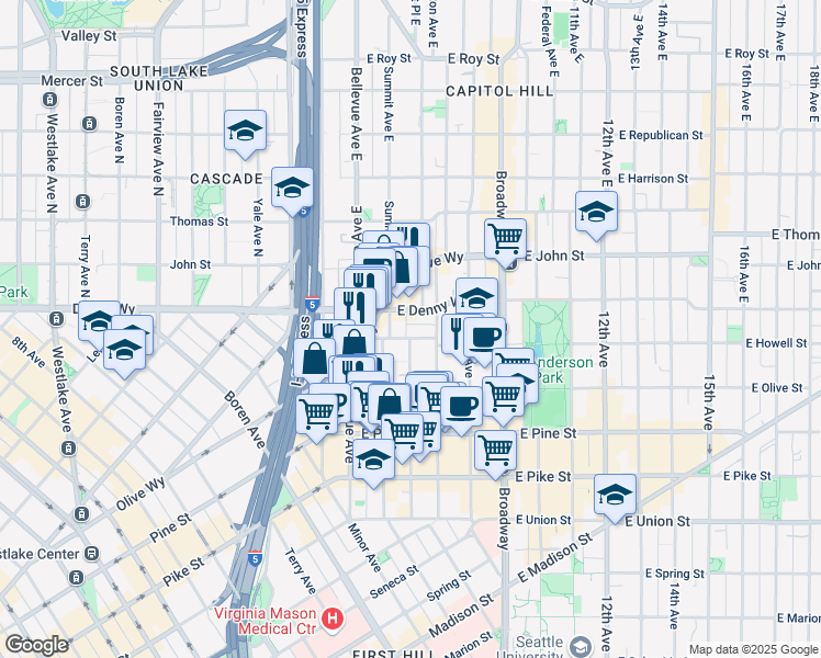 map of restaurants, bars, coffee shops, grocery stores, and more near 1737 Belmont Avenue in Seattle
