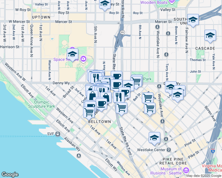 map of restaurants, bars, coffee shops, grocery stores, and more near 2517 5th Avenue in Seattle