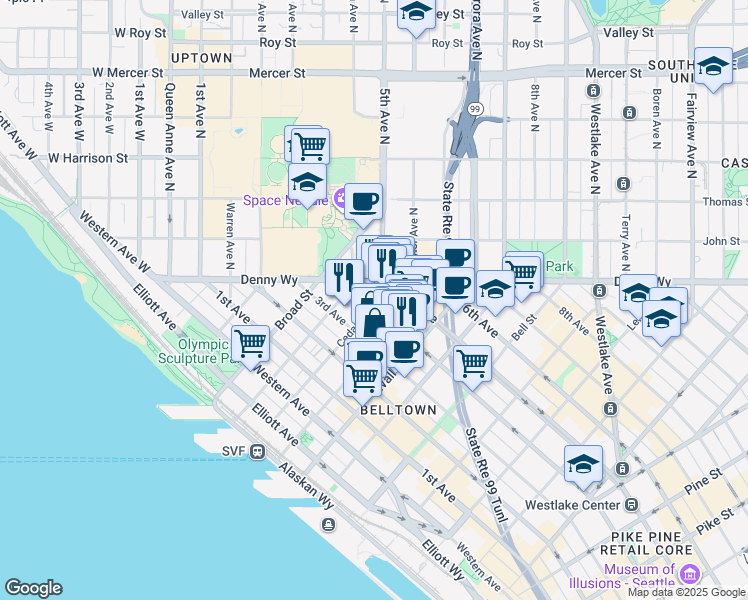 map of restaurants, bars, coffee shops, grocery stores, and more near 2615 4th Avenue in Seattle