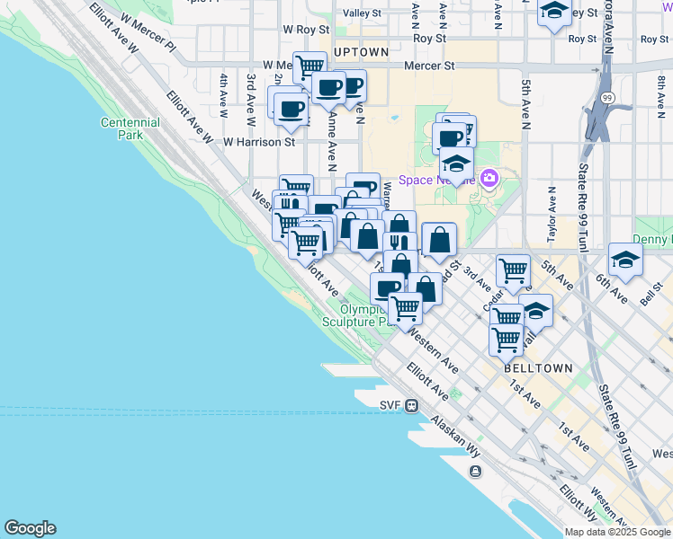 map of restaurants, bars, coffee shops, grocery stores, and more near 3031 Western Avenue in Seattle