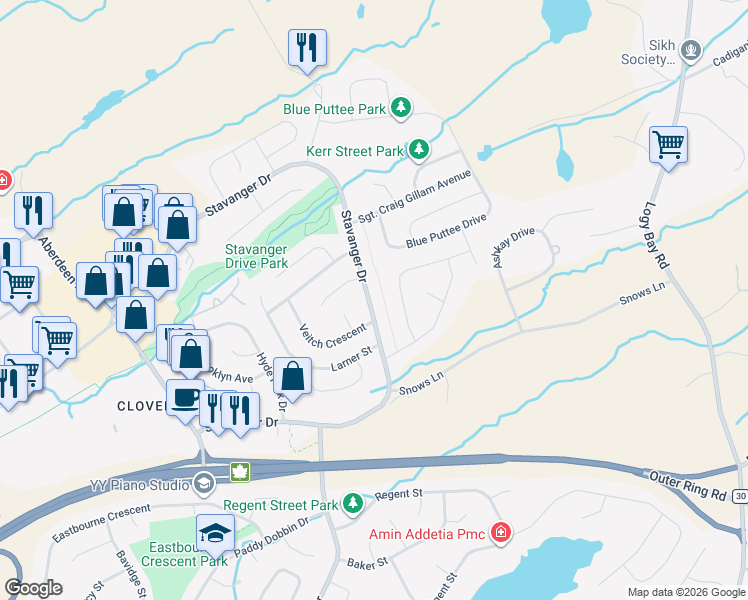 map of restaurants, bars, coffee shops, grocery stores, and more near 303 Stavanger Drive in St. John's