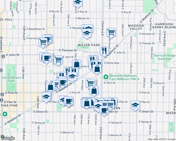 map of restaurants, bars, coffee shops, grocery stores, and more near 2014 East Madison Street in Seattle