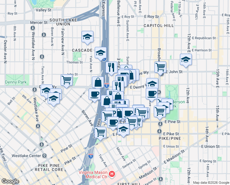 map of restaurants, bars, coffee shops, grocery stores, and more near in Seattle