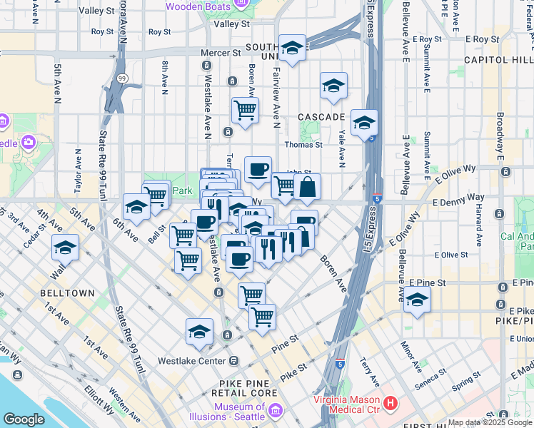 map of restaurants, bars, coffee shops, grocery stores, and more near 2019 Boren Avenue in Seattle