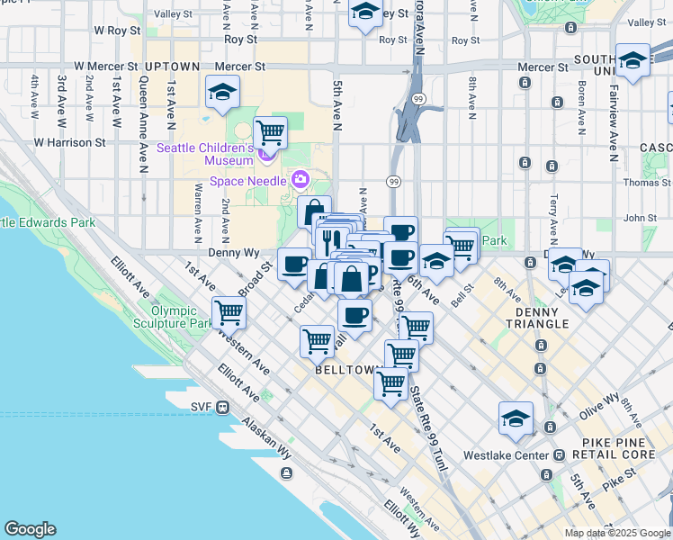 map of restaurants, bars, coffee shops, grocery stores, and more near 411 Cedar Street in Seattle