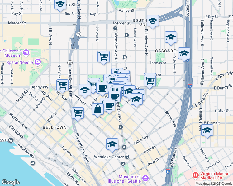 map of restaurants, bars, coffee shops, grocery stores, and more near 2201 9th Avenue in Seattle