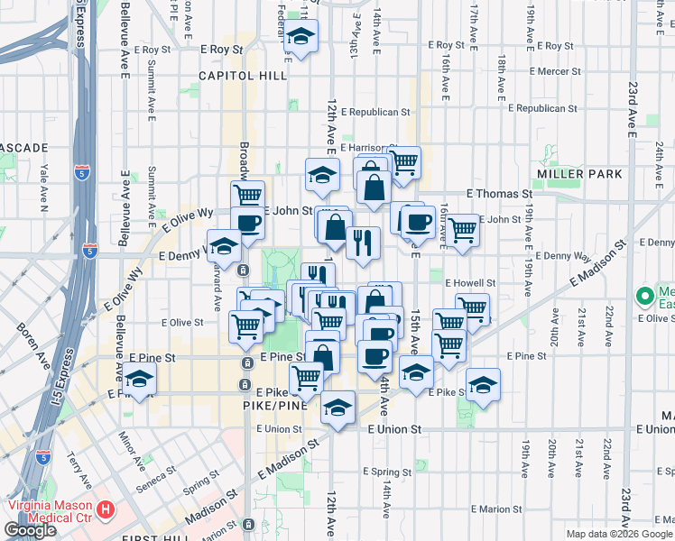 map of restaurants, bars, coffee shops, grocery stores, and more near 1731 13th Avenue in Seattle