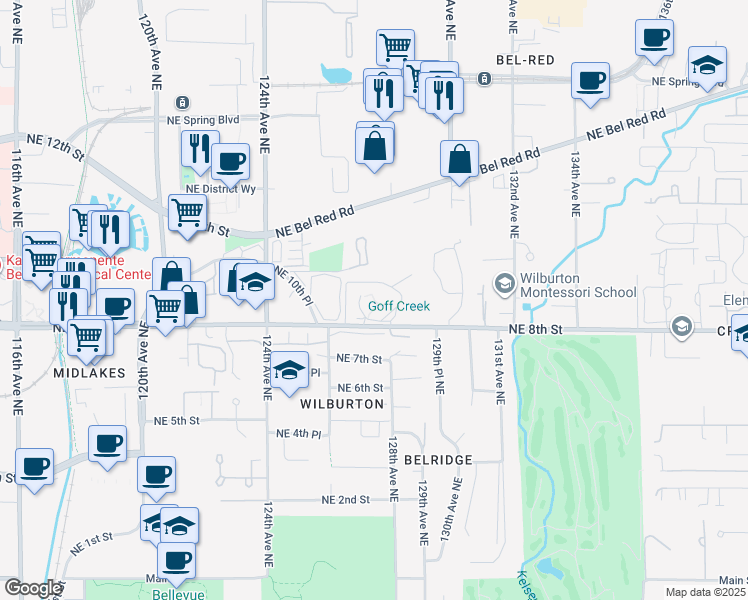 map of restaurants, bars, coffee shops, grocery stores, and more near 12700 Northeast 8th Street in Bellevue