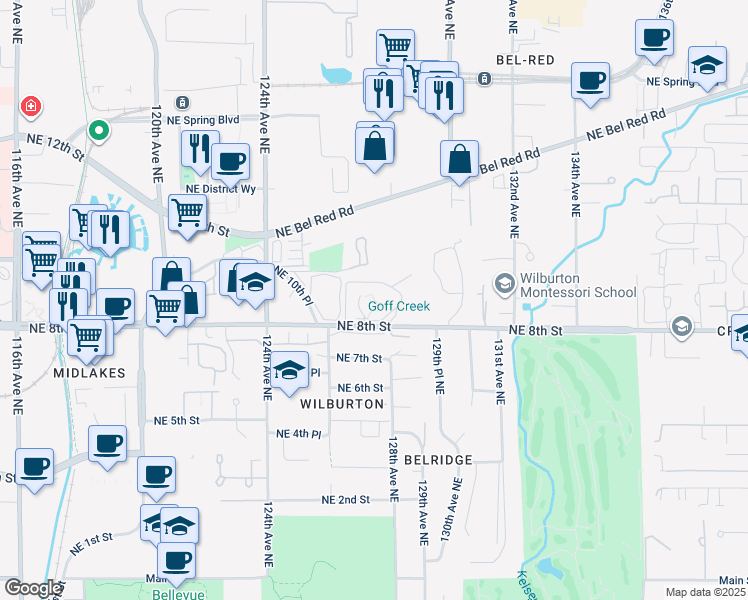 map of restaurants, bars, coffee shops, grocery stores, and more near 12631 Northeast 9th Place in Bellevue