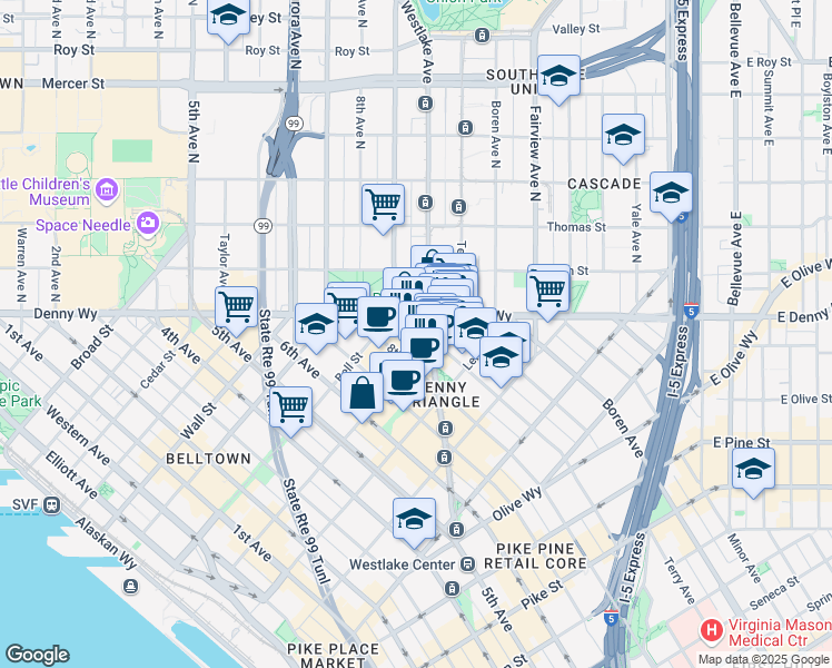 map of restaurants, bars, coffee shops, grocery stores, and more near 2201 9th Avenue in Seattle